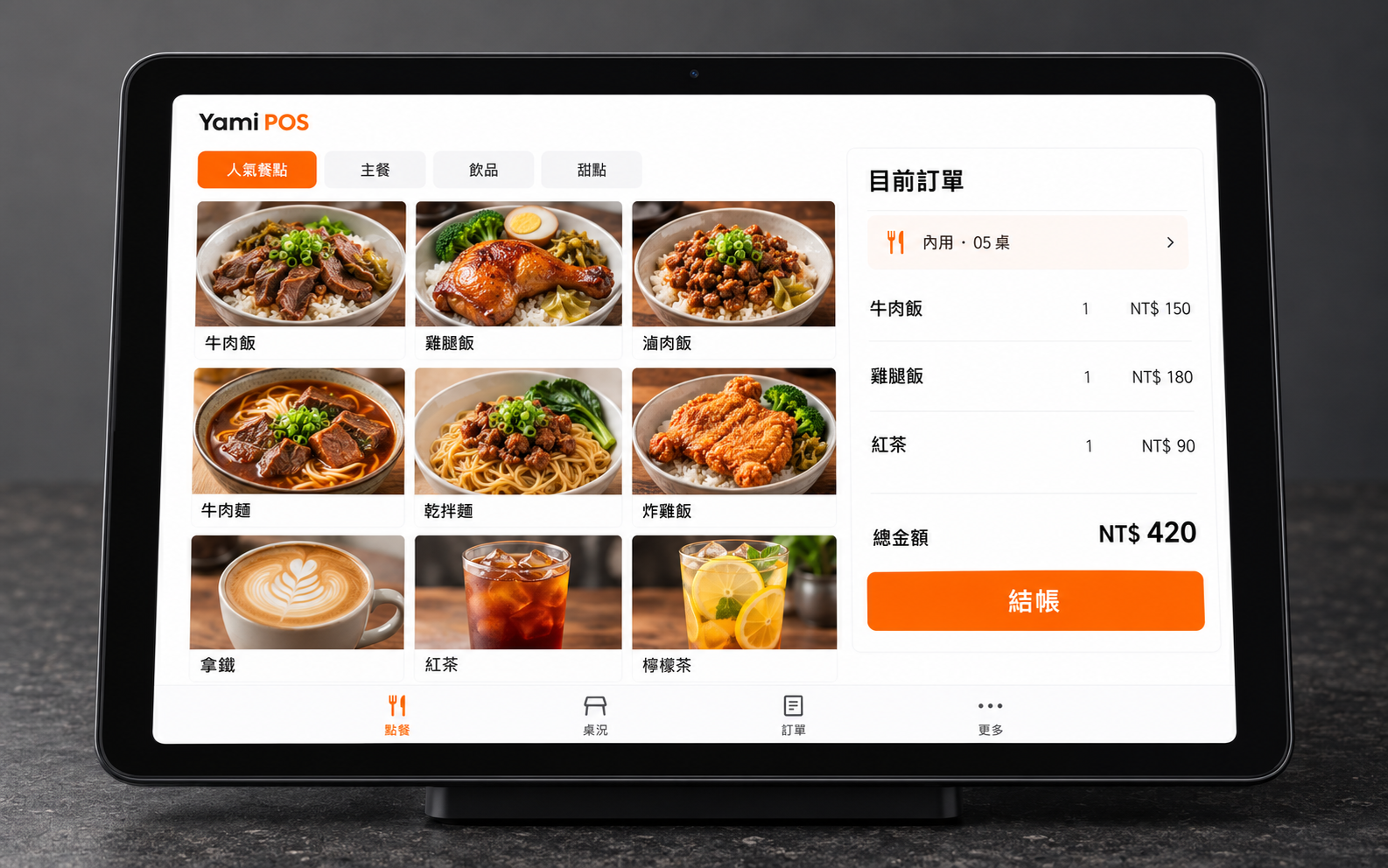 Yami POS 介面示意：餐點分類、餐點選擇與訂單結帳